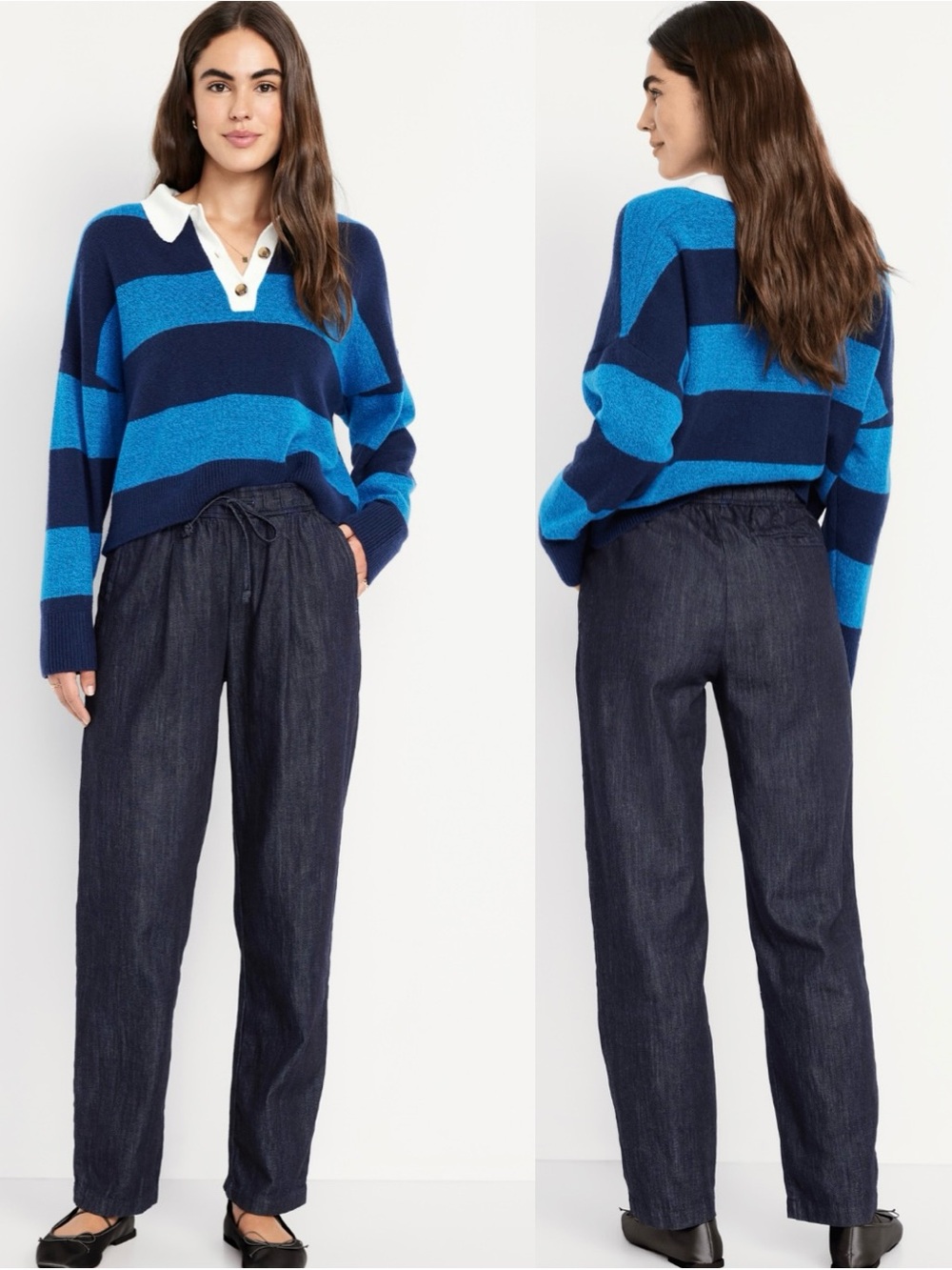 Old Navy Billie Straight Pull On Denim Trousers Size LARGE TALL Blue Preppy Pant